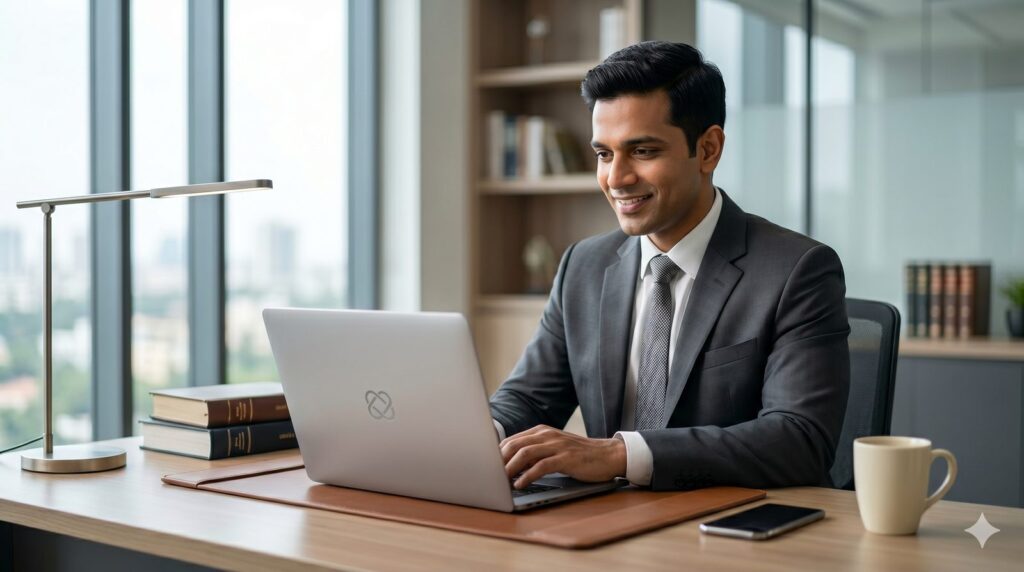 Lawyer using legal practice management software in India
